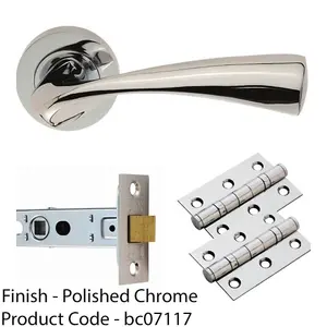 Door Handle & Latch Pack - Chrome Curved Flaired Lever Screwless Round Rose Kit