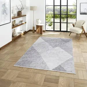 Grey Silver Geometric 5mm Thick Rug, Stain-Resistant Modern Rug for Bedroom, Living Room, & Dining Room-60cm X 170cm