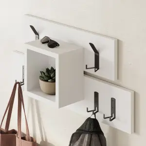 Decortie Lumina Modern Wall-Mounted Coat Rack, Wall Hanger with 6 Metal Hooks & Open Shelf Storage, (W)68 x (D)14.80cm, White