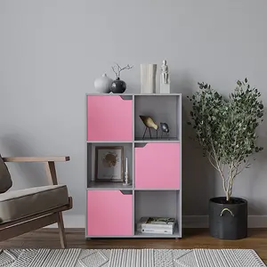 URBNLIVING 6 Cube Grey Wooden Bookcase Shelving Display Shelves Storage Unit Wood Shelf Pink Door