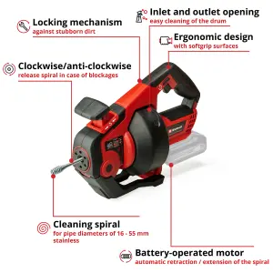 Einhell Cordless Drain Cleaner 18V Coil Pipe Cleaner Power X-Change TE-DA 18/760 Li Solo - Body Only