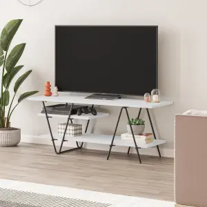 Decortie Modern Essel TV Stand 48-Inch White Hairpin Metal Legs Rectangle 110(W)cm Shelf for Multimedia Centre Organiser