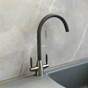 Liquida LB01GR Swan Neck Twin Lever Brushed Steel and Grey Kitchen Tap