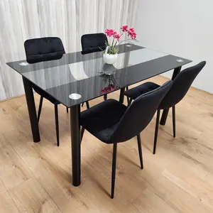 Black Clear Glass Dining Table With 4 Black Tufted Velvet Chairs Kitchen Dining Set