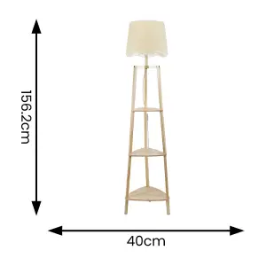 ValueLights Hiru 3 Tier Shelved Wooden Floor Lamp with Linen White Trim Scallop Tapered Shade