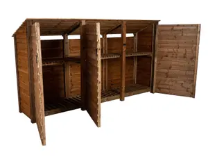 Wooden log store (roof sloping back) with door and kindling shelf W-335cm, H-180cm, D-88cm - brown finish