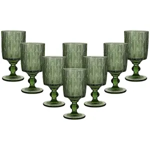 Set of 8 Vintage Luxury Green Trailing Leaf Drinking Goblet Glasses 350ml