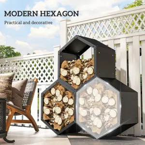 Outsunny Steel Firewood Log Rack Fireplace Log Holder for Indoor Outdoor, Black