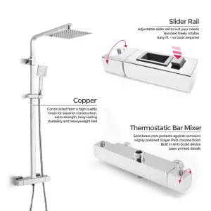 Nes Home Sqaure Exposed Thermostatic Kit, Ultra Thin Head Shower Mixer, handheld With Slide Rail Set Chrome