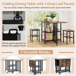 Costway 3 Set Foldable Dining Table 2 Stools Drop Leaf Extending Dining Table w/ Lockable Wheels