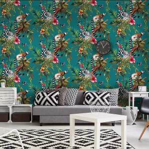 Holden Decor Teal Blue Green Tropical Jungle Lemur Lizard Birds Floral Wallpaper