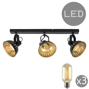 ValueLights Smedley 3 Way Black Ceiling Bar Spotlight and E27 Radio Valve LED 4W Warm White 2700K Bulbs