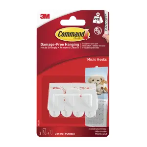 3M Command Micro White Hook (Holds)225g, Pack of 3