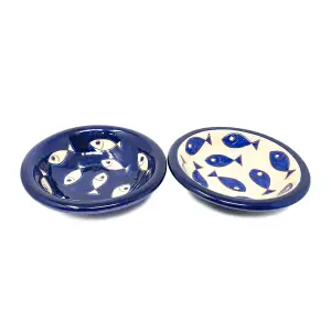 Signature Blue & White Fish Hand Painted Ceramic Set of 2 Mixed Tapas Bowls (Diam) 12cm