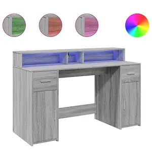 Berkfield Desk with LED Lights Grey Sonoma 140x55x91 cm Engineered Wood