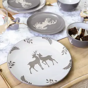 6 Piece Grey Stag Stoneware Christmas Dinner Set