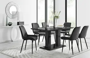 Imperia Black High Gloss 6 Seater Dining Table with Structural 2 Plinth Column Legs 6 Black Velvet Black Leg Pesaro Chairs