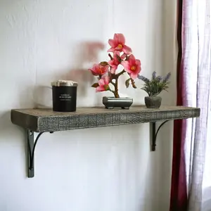 Solid Wood Handmade Rustical Shelf Monochrome 225mm 9 inch with Black Metal Bracket BOW Length of 200cm