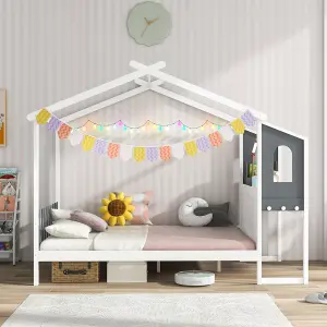 COSTWAY Double Size Wooden Kids House Bed Frame with Desk