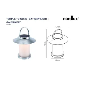 Nordlux Temple To-Go 35 Outdoor Patio Terrace Solar Charged Auto Turn on LED Light in Galvanized (H) 30.4cm