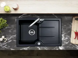 Clearwater Harmony Ceramic Black Satin Small Compact Kitchen Sink 1 Bowl & Drainer - Reversible - HAR7810BL