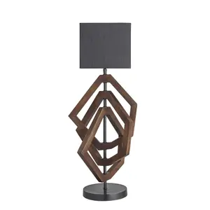 Industville Wooden Geometric Polygon Table Lamp in Walnut with Grey Small Cube Lampshade