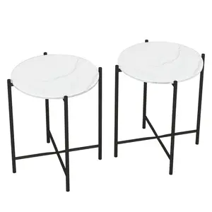 Set of 2 Pcs Marble Effect Tops Square Side End Coffee Table Metal Frame (Set of 2) White