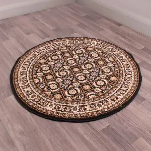 Traditional Black Bordered Floral Rug For Dining Room-120cm (Circle)