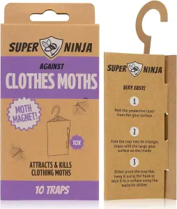 Super Ninja Clothing Moth Killer - 10 Traps - Highly Effective and Ecological Moth Trap - Moth Killer for Wardrobe