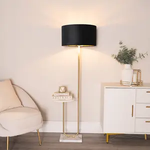 ValueLights Tavel Gold Floor Lamp with Table and Black Velvet with Gold Inner Lamp Shade and LED Bulb