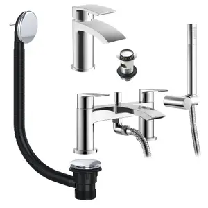 Chrome Sleek Basin & Bath Shower Mixer Tap Pack Including Bath Waste