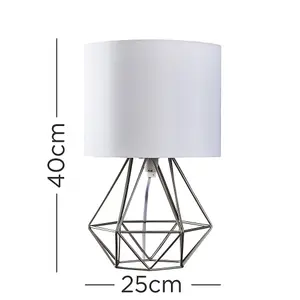 ValueLights Angus Brushed Chrome Metal Basket Cage Bed Side Table Lamp with White Fabric Shade with LED Bulb