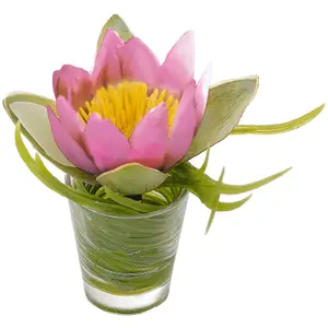 Bloom Artificial Faux Fake Realistic Waterlily Flower Arrangement in Glass Vase - Flower of the Month July - Measures H10cm