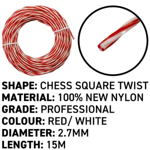 15m of strimmer/trimmer line,red/white twist line gives you more cutting edge for cleaner and quicker cut(2.7mm)