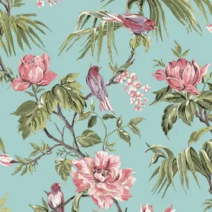 Next Birds & blooms Duck egg Floral Smooth Wallpaper Sample