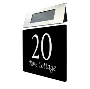 Personalised Aluminium House Plaque with Solar Light Customised with Your House Number and Street Name 200 x 130mm Black