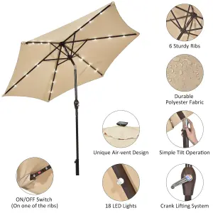 Costway 2.7M Outdoor Parasol 18 Solar Power LED Lights Patio Umbrella with Tilt Crank Handle Beige