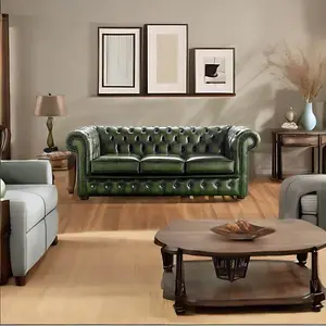 Chesterfield 3 Seater Antique Green Leather Sofa Bespoke In Classic Style