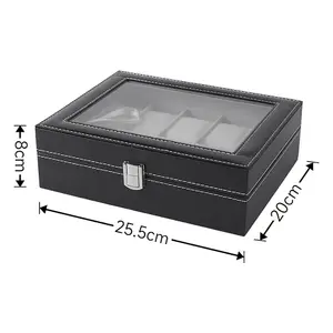 Black Faux Leather Watch Case with Transparent Cover 10-Slot Organizer