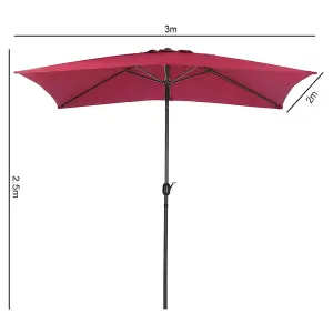 2x3M Large Garden Rectangular Parasol Outdoor Beach Umbrella Patio Sun Shade Crank Tilt No Base, Wine Red