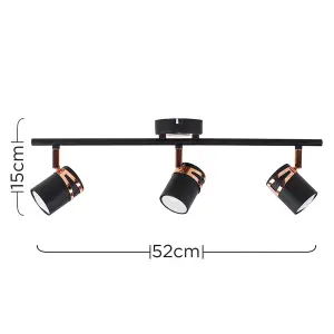 ValueLights Garcia Modern Matt Black and Copper 3 Way Adjustable Straight Bar Ceiling Spotlight