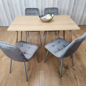 Rectangle Oak Effect Kitchen Dining Table With 4 Grey Velvet Tufted Chairs Dining Set