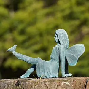 Cast Iron Fairy Statue Cherub Antique Style Verdigris Home Garden Ornament Sculpture