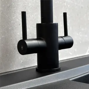 Liquida AD398MB Swan Neck Twin Lever Kitchen Mixer Tap In Matt Black