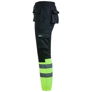 MS9 Mens Hi Viz Vis High Visibility Fleece Cargo Work Trousers Joggers Pants, Black and Yellow - L