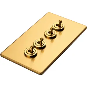 3 PACK 4 Gang Quad Retro Toggle Light Switch SCREWLESS SATIN BRASS 10A 2 Way