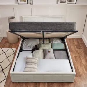 Ottoman Bed With Mattress Double White Boucle Storage Bed - Hybrid Mattress