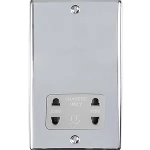 230V & 115V Shaver Twin Socket Wall Plate CHROME & GREY Trim 86mm x 146mm