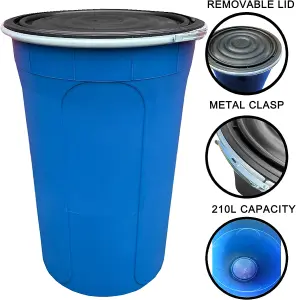 210L Blue plastics shipping drum with lid and clasp, shipping container, large storage container with lid.