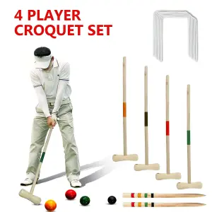 NEW 4 PLAYER CROQUET SET WOODEN MALLET KIDS SUMMER FUN OUTDOOR GARDEN GAME